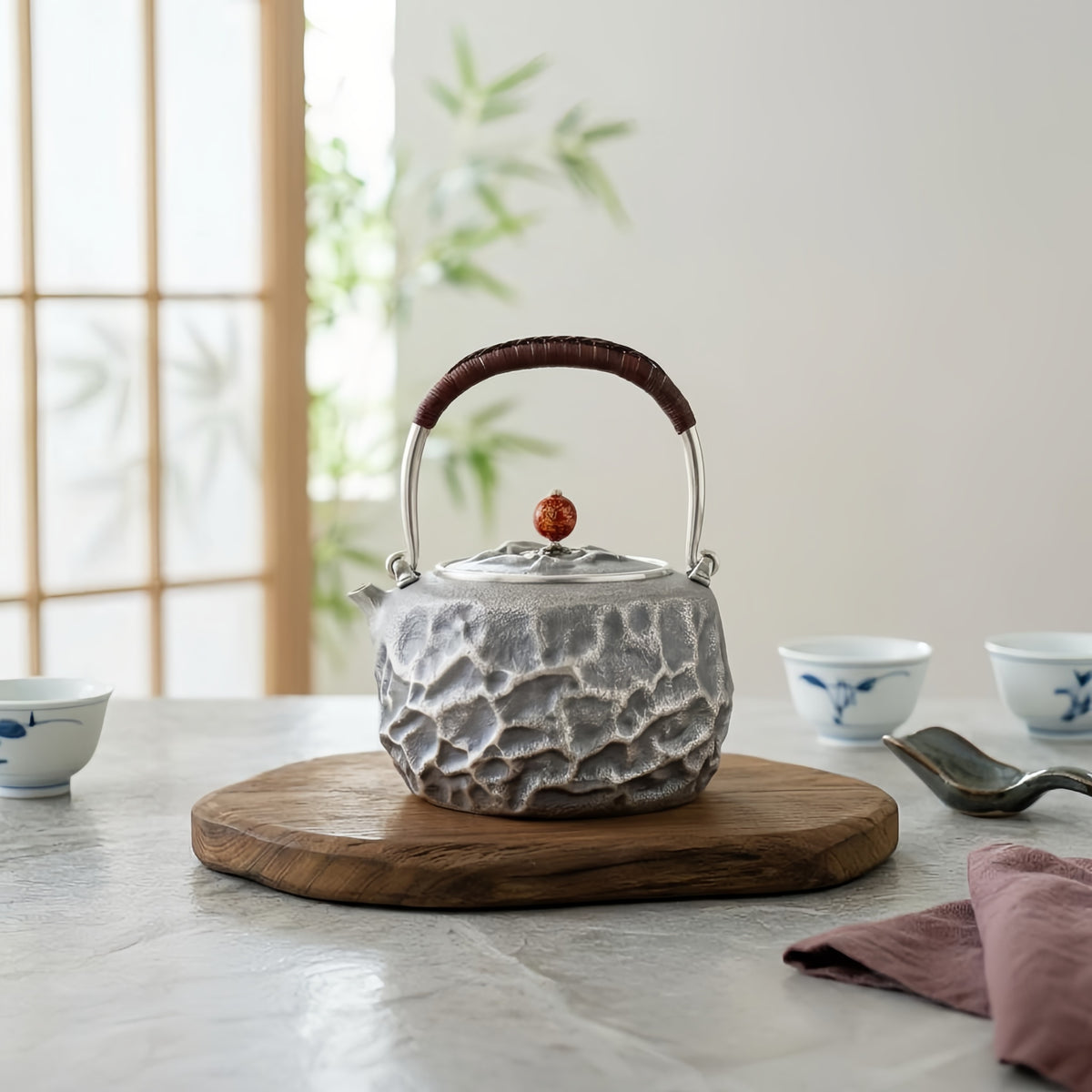 925 Sterling Silver Artistic Gray Teapot with Cracked Earth Texture and Contrasting Metallic Handle-Fine large teapot - Handicraft