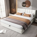 LED Upholstered Bed ,King Size Bed-5ft150x200cm, Hydraulic Bed, Rechargeable USB Port In Bed, With LED Lighting, With Storage Space, Adjustable Headboard, PU , White
