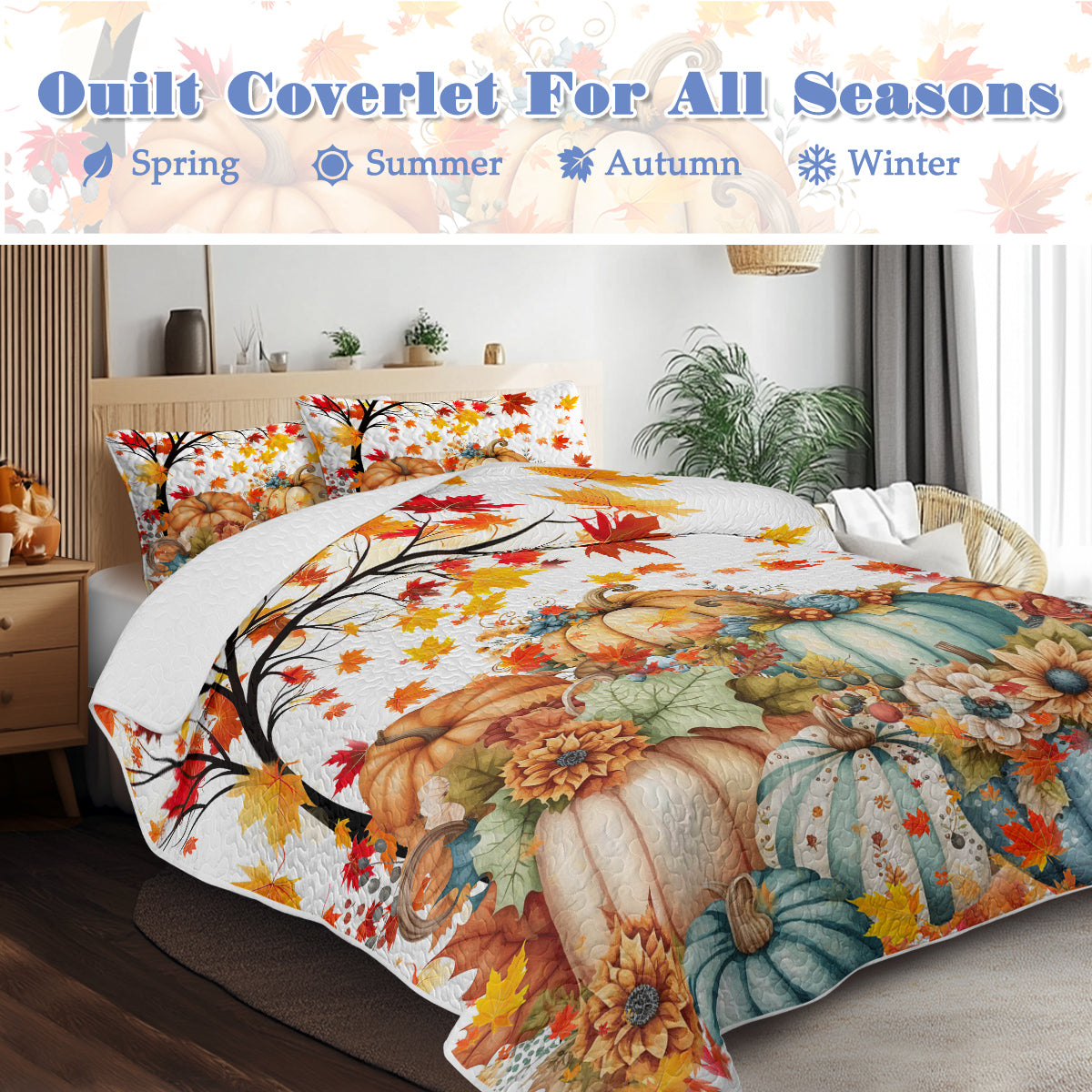 3 Pieces Colorful Oil Painting Pumpkin Pattern Quilt Set Twin Full Queen King Size For All Seasons Flower Fall Leaves Bedding Set With 2 Pillowcases For Kids Adults Thanksgiving Day Gifts