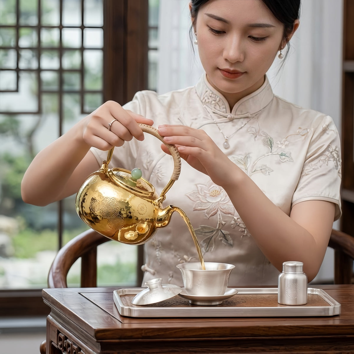 925 Sterling Silver Exquisite Handcrafted Hammered Metallic Teapot with Floral Engravings and Jade Finial - Handicraft