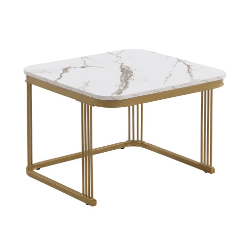 Nestable Coffee Table High Gloss Marble Exterior, Gold Accents, Side Table With Drawer. Set Of Two