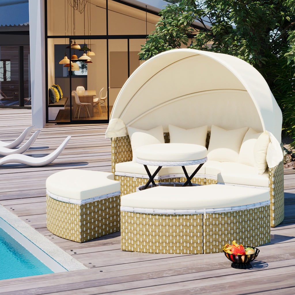 TOPMAX Patio Furniture Round Outdoor Sectional Sofa Set Rattan Daybed Two-Tone Weave Sunbed With Retractable Canopy, Separate Seating And Removable Cushion, Beige