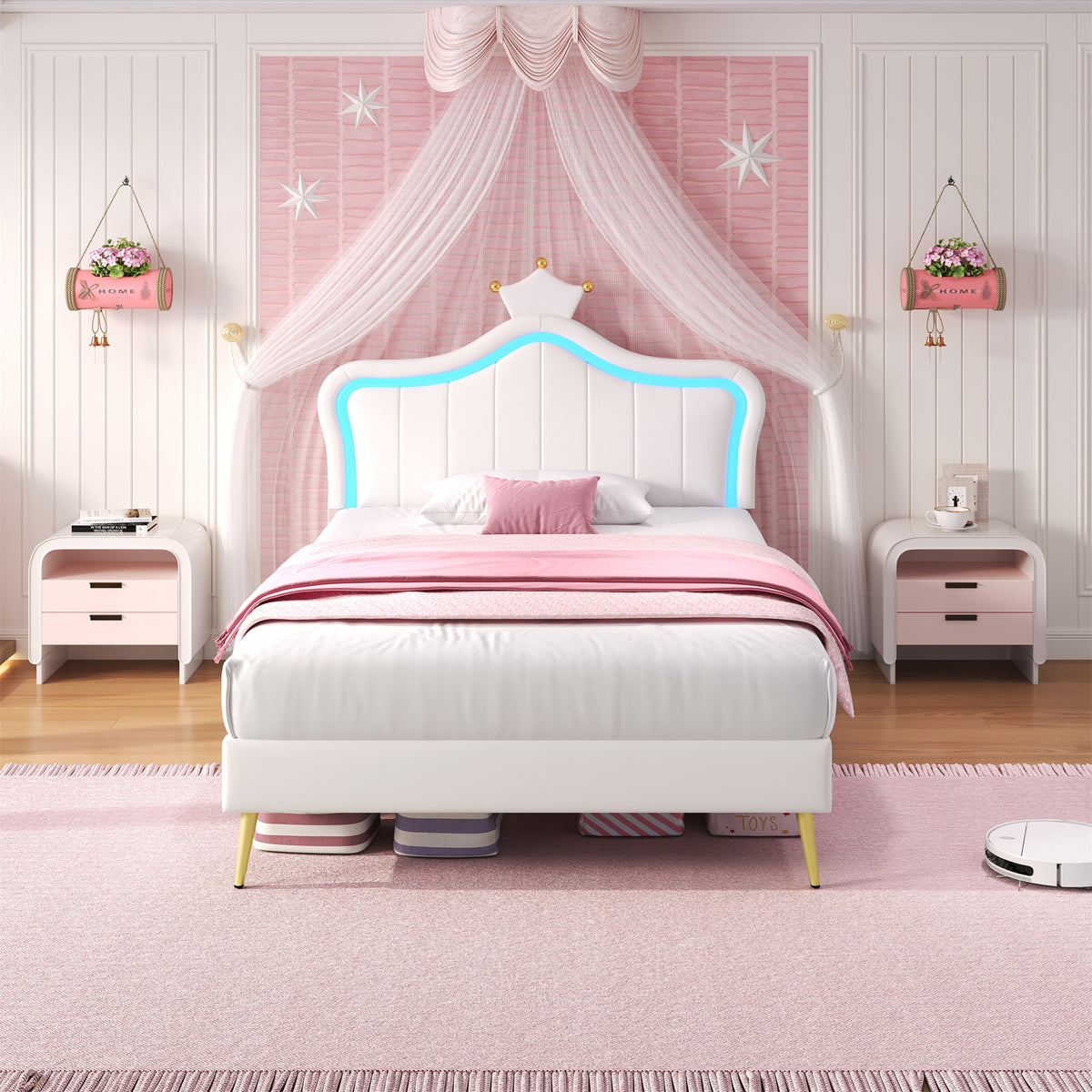 3ft Single Upholstered Bed With LED Adjustable Crown Shape Headboard, PU Leather Bed Frame With Solid Wood Slat, No Box Spring Needed, Easy Assembly, Cream White  No Mattress