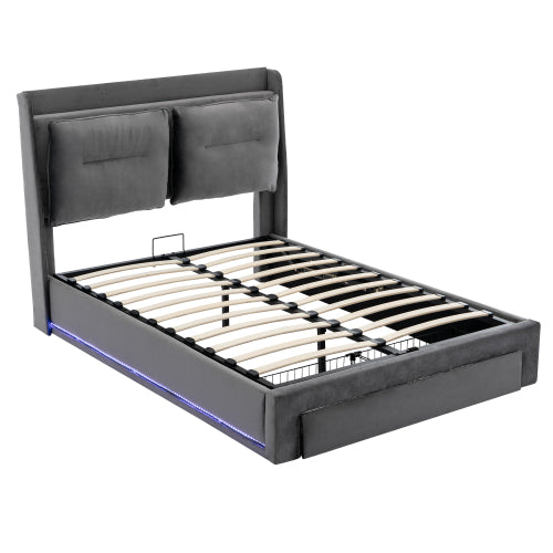 Upholstered Bed, 135x190  4ft6, Double Bed, Hydraulic Bed, 2-in-1 Storage Drawers At The End Of The Bed, Recessed LED Light Strips On Both Sides Of The Bed, Slatted Frame, Velvet,Dark Gray