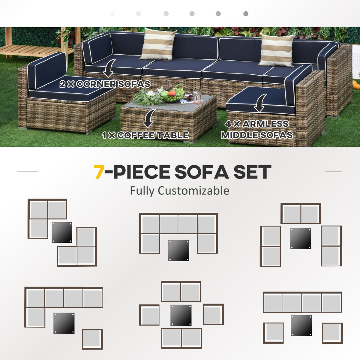 7-Piece Outdoor Wicker Patio Sofa Set, Modern Rattan Conversation Furniture Set with Cushions, Pillows and Tea Table - Blue