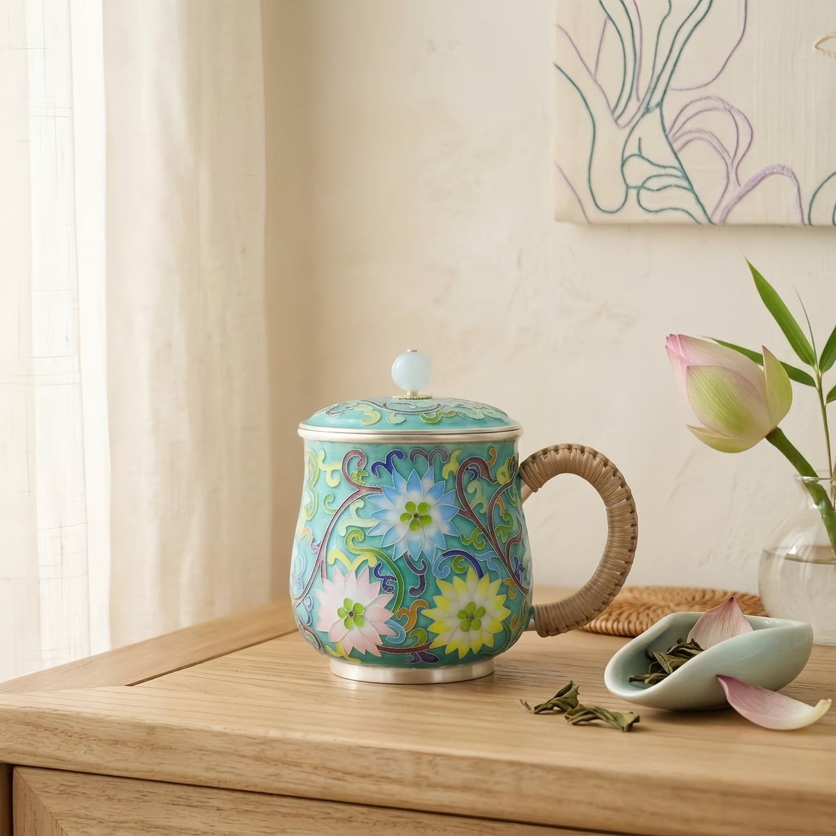 925 Sterling Silver Elegant Turquoise Cloisonné Floral Enamel Mug with Matching Lid and Woven Handle - Handicraft