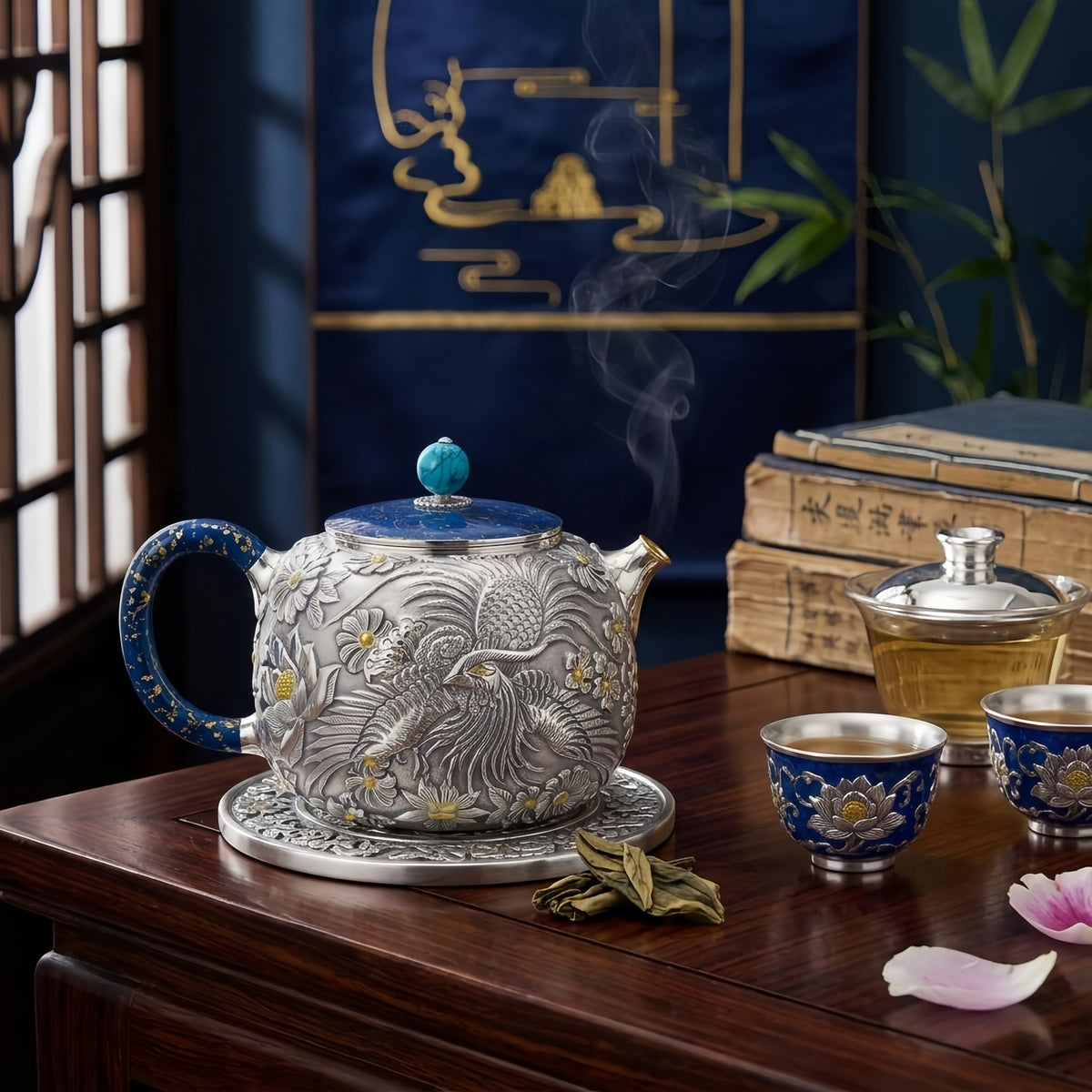 Pure 999 Fine Silver Intricate Silver Phoenix Teapot Featuring Vibrant Blue Accents and Handcrafted Floral Motifs - Handicraft
