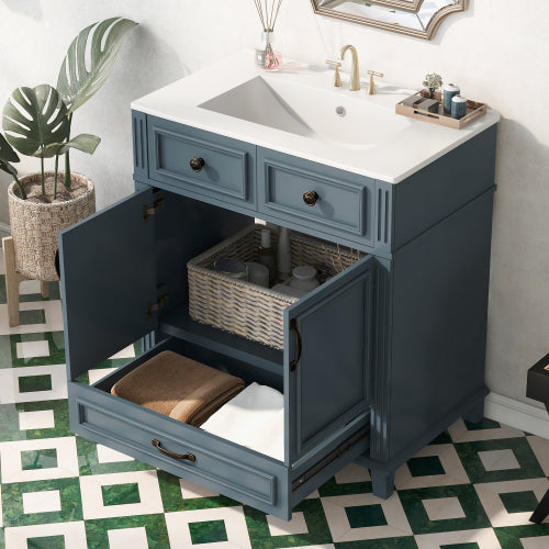 30” Bathroom Vanity with Ceramic Sink | Blue Solid Wood Cabinet