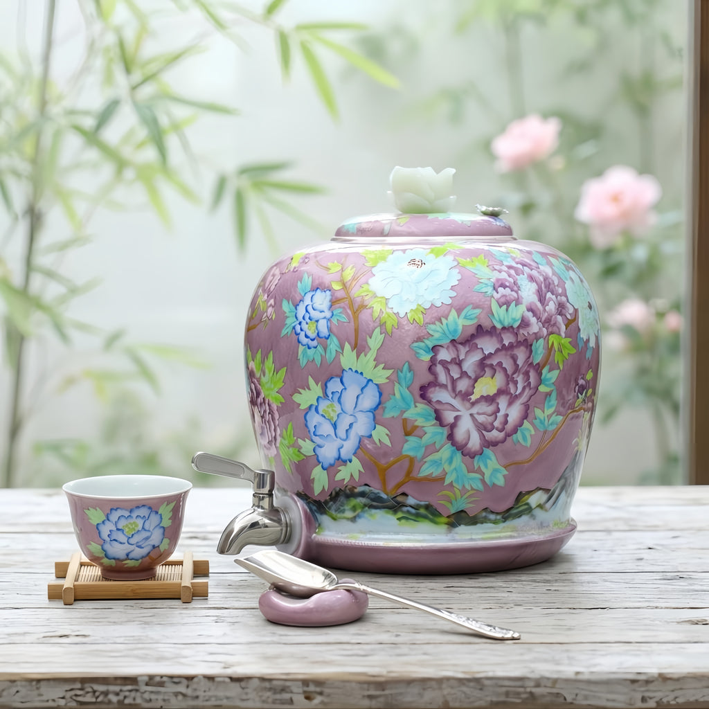 925 Sterling Silver Elegant Pink Peony Floral Ceramic Beverage Dispenser with Metal Tap - Handicraft