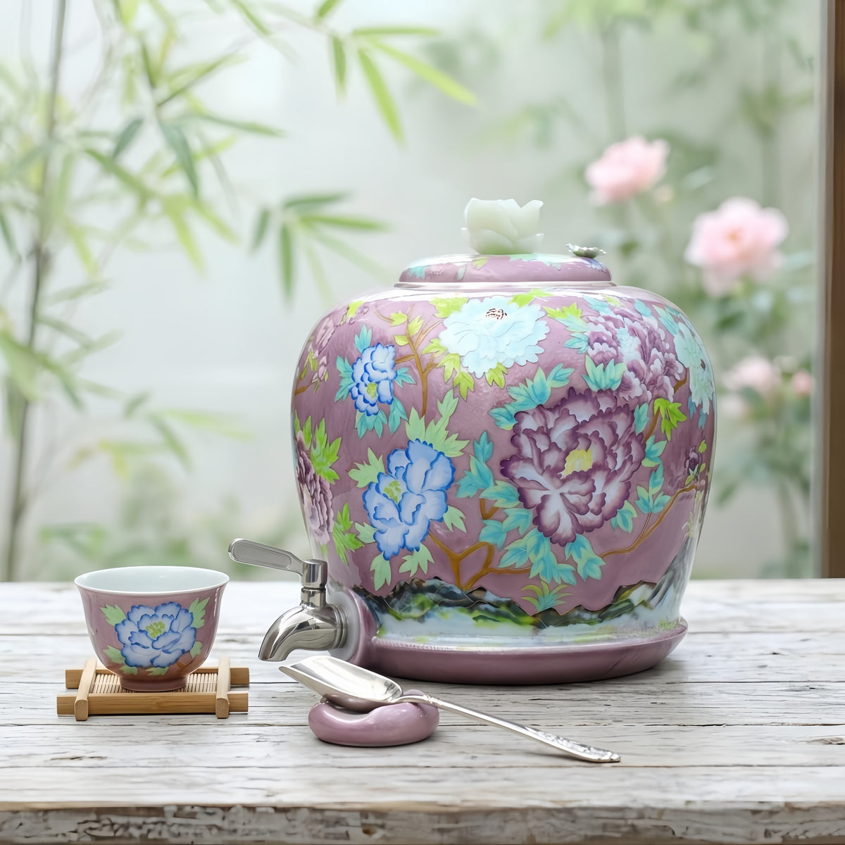 925 Sterling Silver Elegant Pink Peony Floral Ceramic Beverage Dispenser with Metal Tap - Handicraft