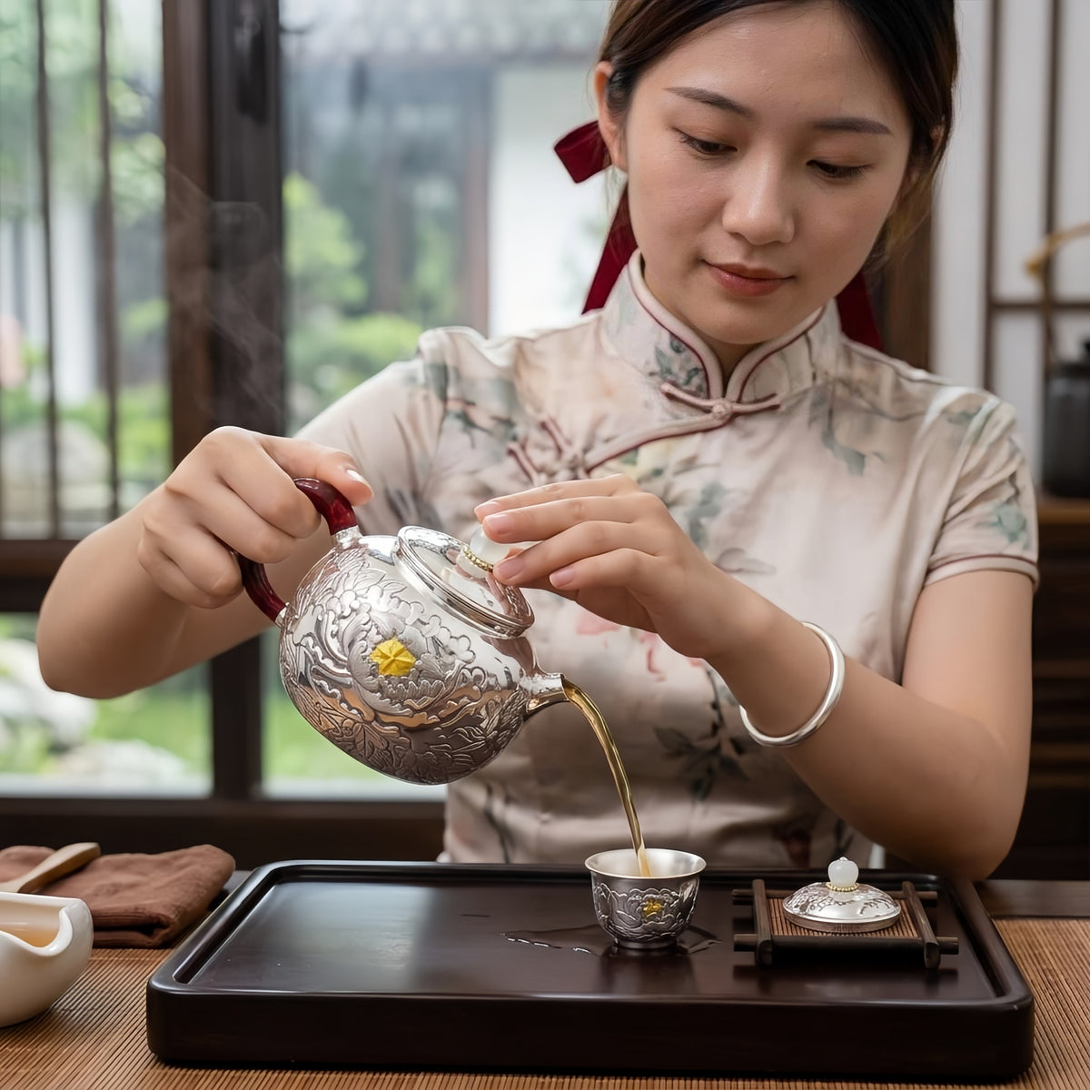 Pure 999 Fine Silver Ornate Hand-Engraved Silver Peony Teapot with Marbled Crimson Handle and White Finial - Handicraft