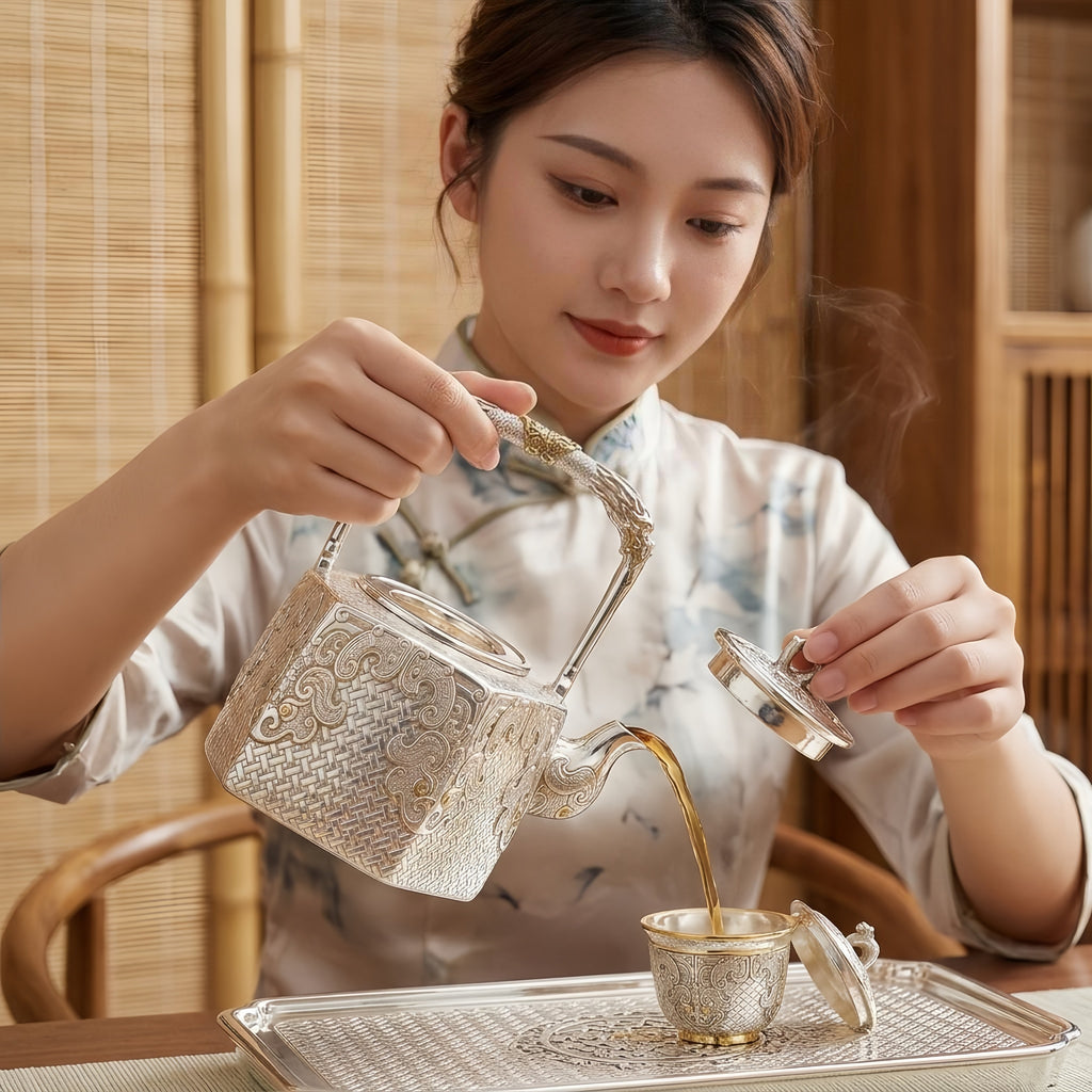 Pure 999 Fine Silver Ornate Handcrafted Silver Kettle with Intricate Basketweave and Mythical Motifs - Handicraft