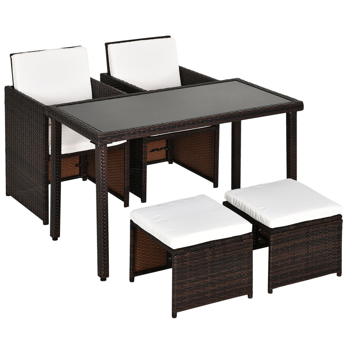 2 Seater Rattan Cube Garden Furniture Set, Rattan Dining Set With Cushions, Outdoor Dining Table And Chairs With 2 Armchairs, 2 Stools, Rectangular Glass Top Table For Patio, Balcony, Brown