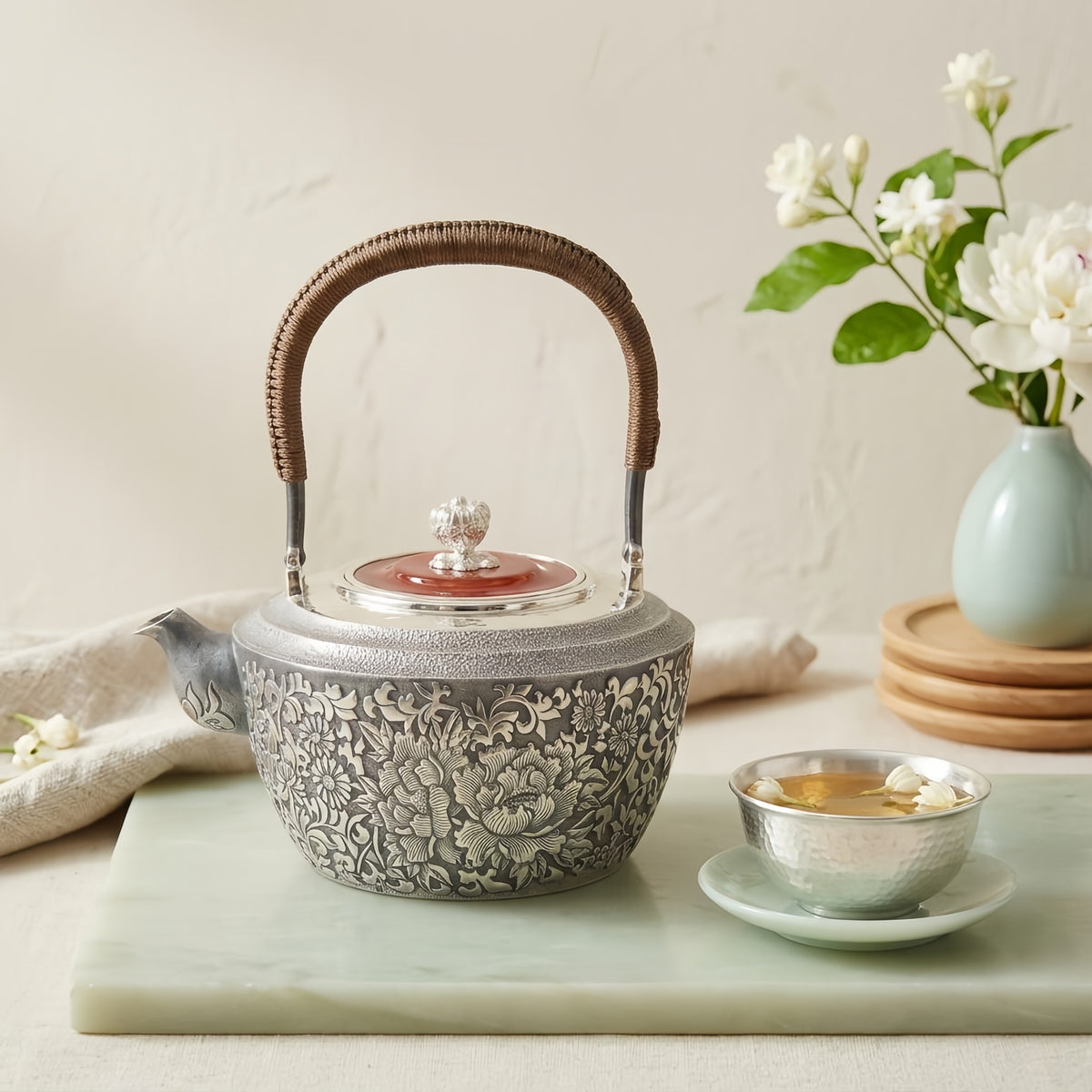 Pure 999 Fine Silver Elegant Hand-Carved Silver Teapot with Intricate Floral Engravings and Cord-Wrapped Handle - Handicraft