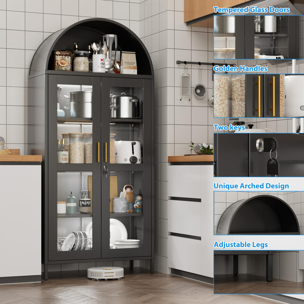 78.74inch H Metal Arched Cabinet With Lock And LED Light Strip, Metal Display Cabinet With Glass Doors And Adjustable Shelves,Suitable For Dining Room, Home, Assembly Required,Black