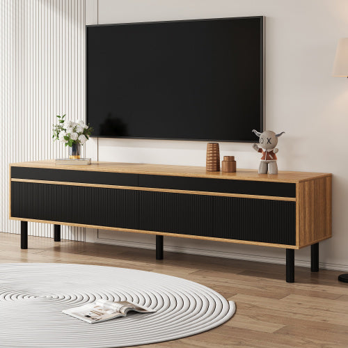 TV Cabinet, TV Table, TV Panel, Low Cabinet With Four Doors. Fine Texture. Black And Wood Color.