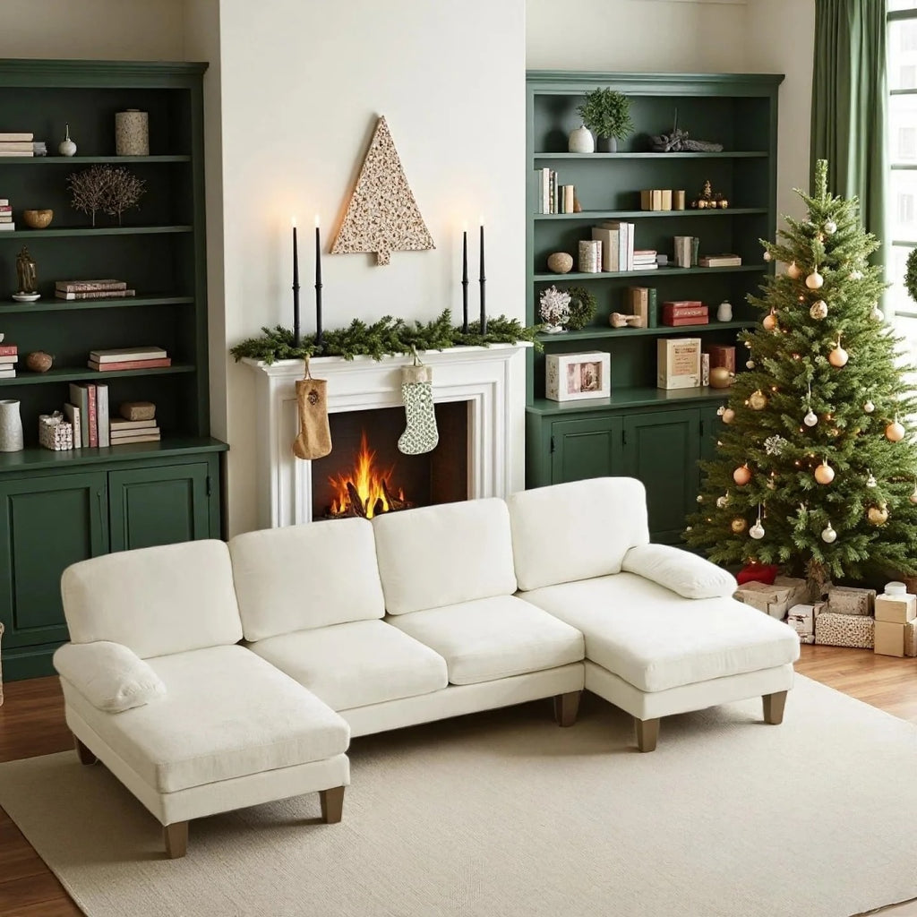 U-shaped Combination Sofa, Double Lounge Chair, Chenille Fabric 4-seat Living Room Furniture