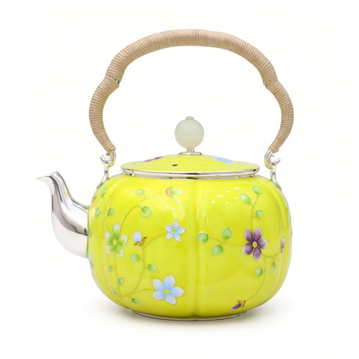 925 Sterling Silver Elegant Hand-Painted Floral Enamel Tea Kettle with Woven Fiber Handle - Handicraft