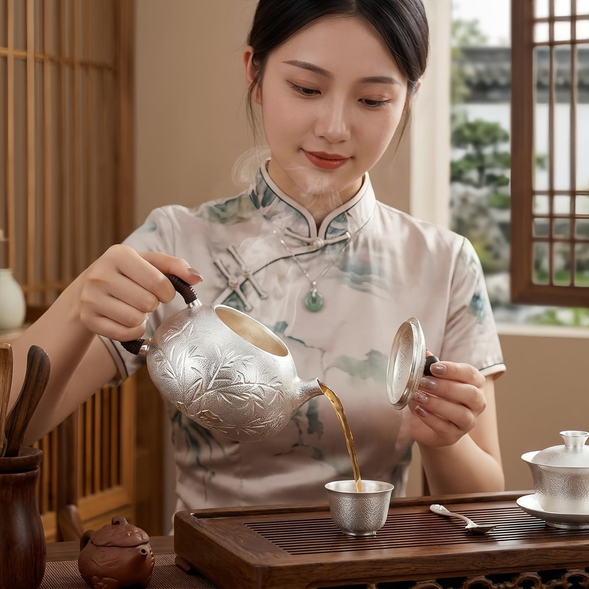 Pure 999 Fine Silver Elegant Hand-Hammered Pure Silver Teapot Featuring Intricate Bamboo Relief and Wrapped Handle - Handicraft