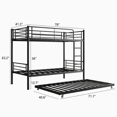 Twin Bunk Bed With Trundle Metal Bunkbeds With Ladder And Full-Length Guardrail, Noise Free, No Box Spring Needed, Black