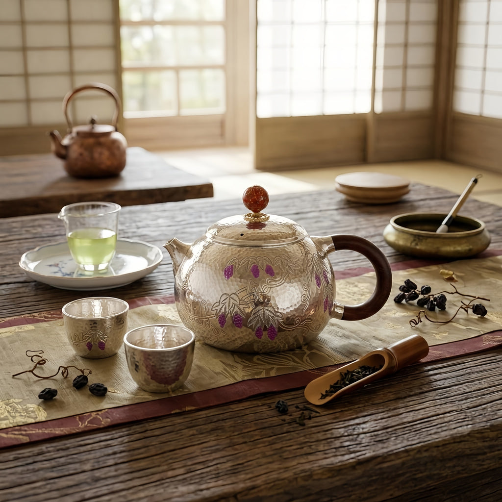 Pure 999 Fine Silver Ornate Hammered Silver Teapot with Purple Grape Motifs and a Wooden Handle - Handicraft