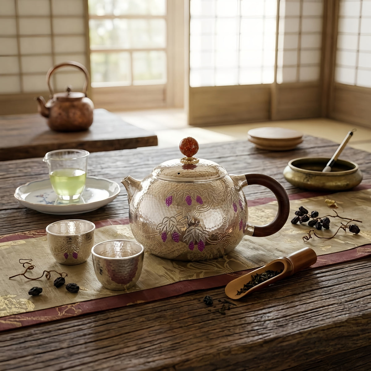 Pure 999 Fine Silver Ornate Hammered Silver Teapot with Purple Grape Motifs and a Wooden Handle - Handicraft