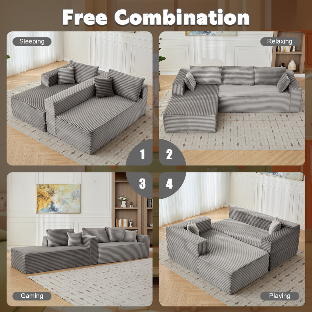 Compression Sectional Couch With Comfy Chaise, Boneless L Shape Sofa With Deep Seat, Minimalist Modular Couches Sleeper For Living Room Bedroom Apartment Lounge,corduroy,Grey
