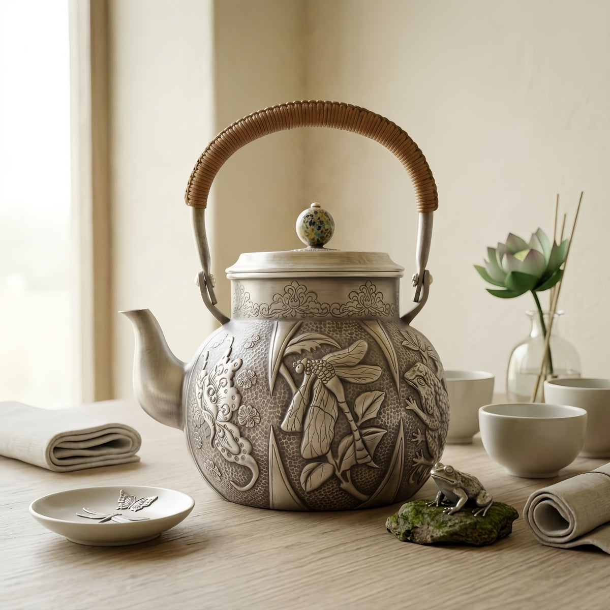 925 Sterling Silver Artisan Silver-Toned Teapot with Dragonfly, Butterfly, and Frog Nature Relief - Handicraft