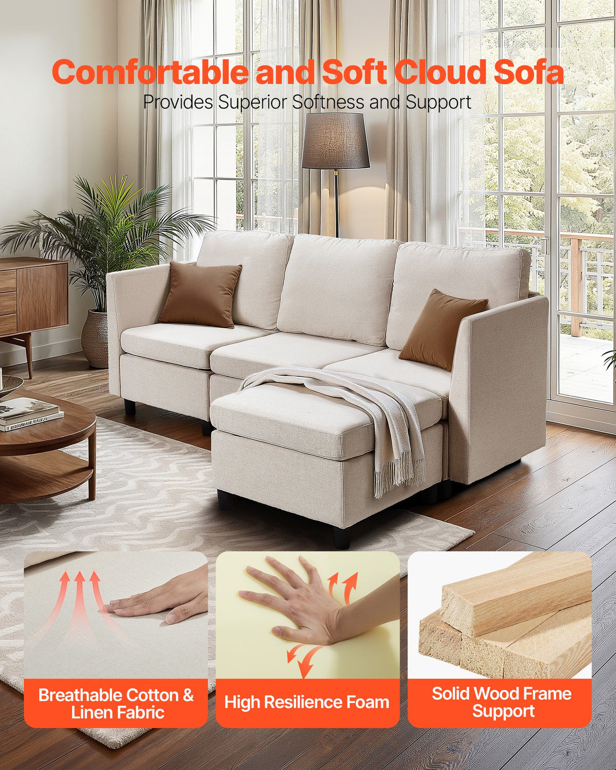 Modular Sectional Sofa, 3-Seater Modular Sofa With Hidden Storage, Cloud Sectional Couch With Ottoman & High Rebound Sponge, Solid Wood Frame Upholstered Couch For Living Room, Bedroom, Beige