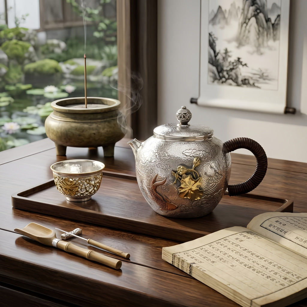 Pure 999 Fine Silver Handcrafted Silver Teapot Featuring Embossed Carp and Lotus Motifs with Woven Handle - Handicraft