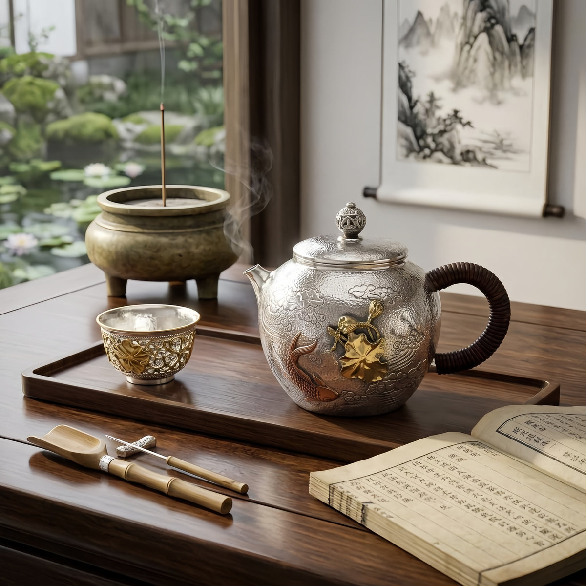 Pure 999 Fine Silver Handcrafted Silver Teapot Featuring Embossed Carp and Lotus Motifs with Woven Handle - Handicraft