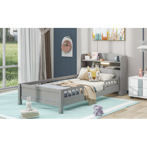 Wood Twin Size Platform Bed With Built-in LED Light, Storage Headboard And Guardrail, Antique Grey