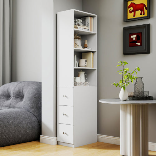 70.87 H Display Storage Cabinet , 4-Tier Shelf, 3 Side Drawers , Modern Wooden Tall Bookshelf Bookcase For Living Room Home Office