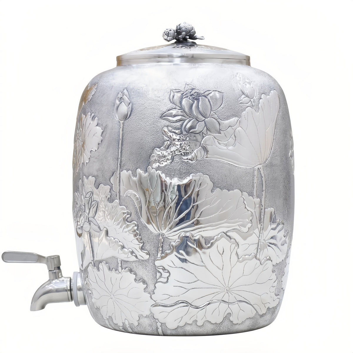 925 Sterling Silver Silver Lotus Blossom Embossed Beverage Dispenser with Decorative Lid and Spigot - Handicraft