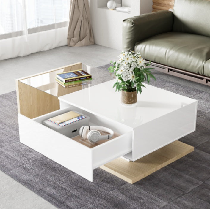 Coffee Table In High Gloss White And Wood Color Combination. Side Tables, Coffee Tables With Glass And LED