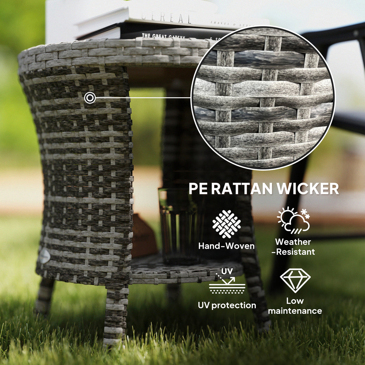 18 Wicker Outdoor Coffee Table, PE Rattan Patio Side Table With 2-Tier Storage, Composite Wood Top, Mixed Gray