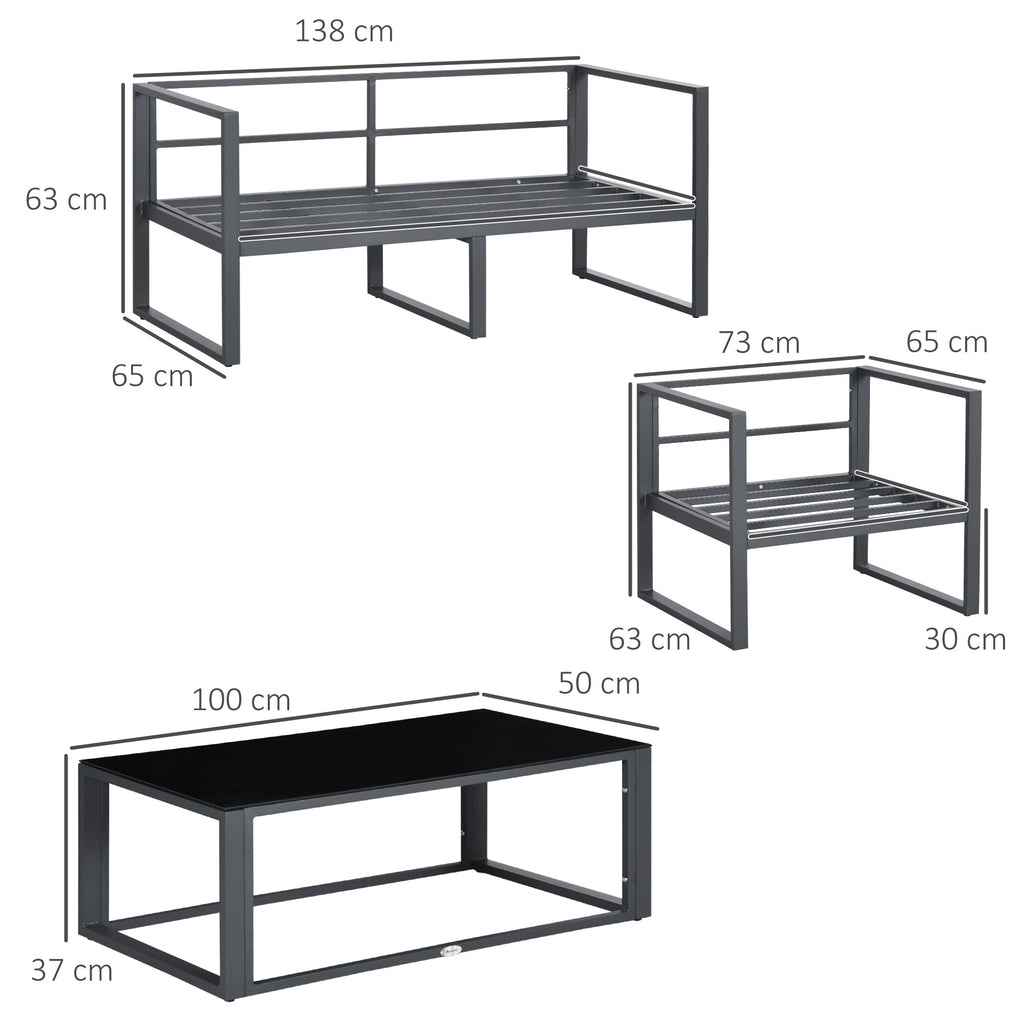 4 Pieces Garden Sofa Set 2 Single Armchair 1 Bench & Side Table Set Aluminium Frame Patio Furniture With Cushions Grey