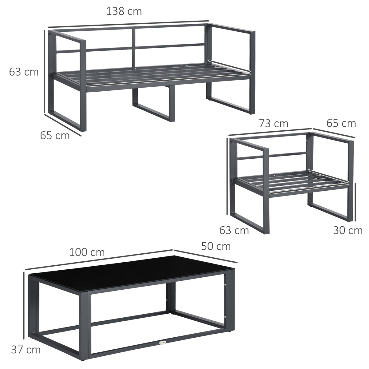 4 Pieces Garden Sofa Set 2 Single Armchair 1 Bench & Side Table Set Aluminium Frame Patio Furniture With Cushions Grey