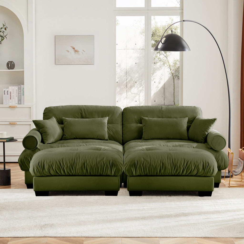 Over Size Modern Two-seater Sofa With Ottoman, Velvet 2-Seater With Round Bolster Armrests,With Waist Pillow And Throw Pillows, Reading Room  Olive Green