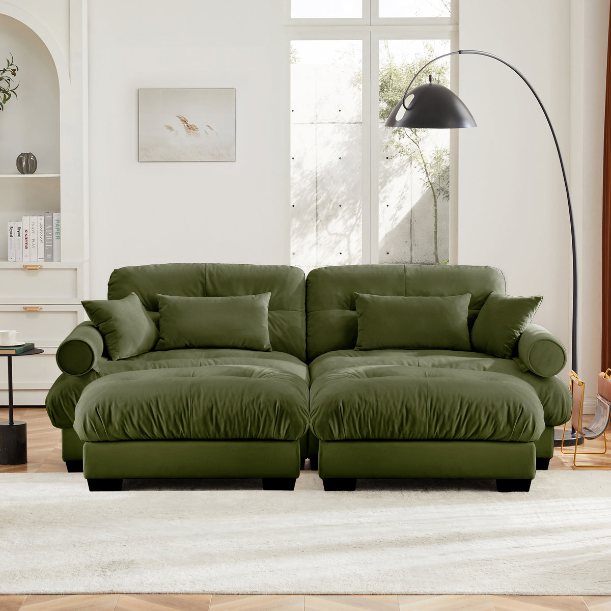 Over Size Modern Two-seater Sofa With Ottoman, Velvet 2-Seater With Round Bolster Armrests,With Waist Pillow And Throw Pillows, Reading Room  Olive Green