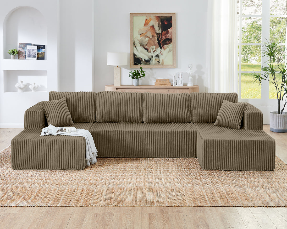 U Shape Modular Sectional Sofa, Compressed Sectional Sofa Modern Minimalist Style Corduroy Couch, Sleeper Sofa For Living Room, Bedroom, Comfy Compressed Sofa -Brown