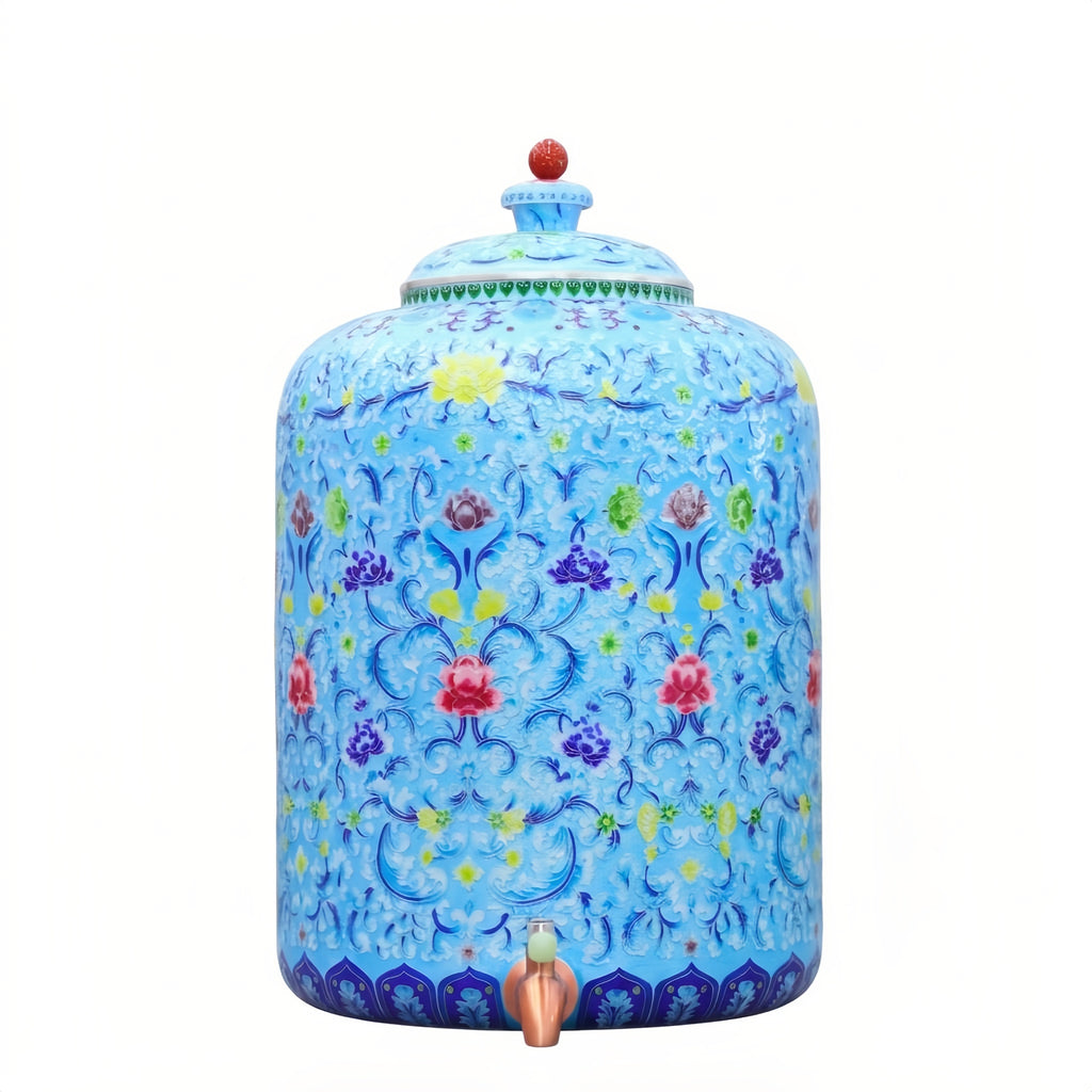 Pure 999 Fine Silver Ornate Blue Floral Ceramic Water Dispenser with Matching Lid and Copper Tap Spigot - Handicraft