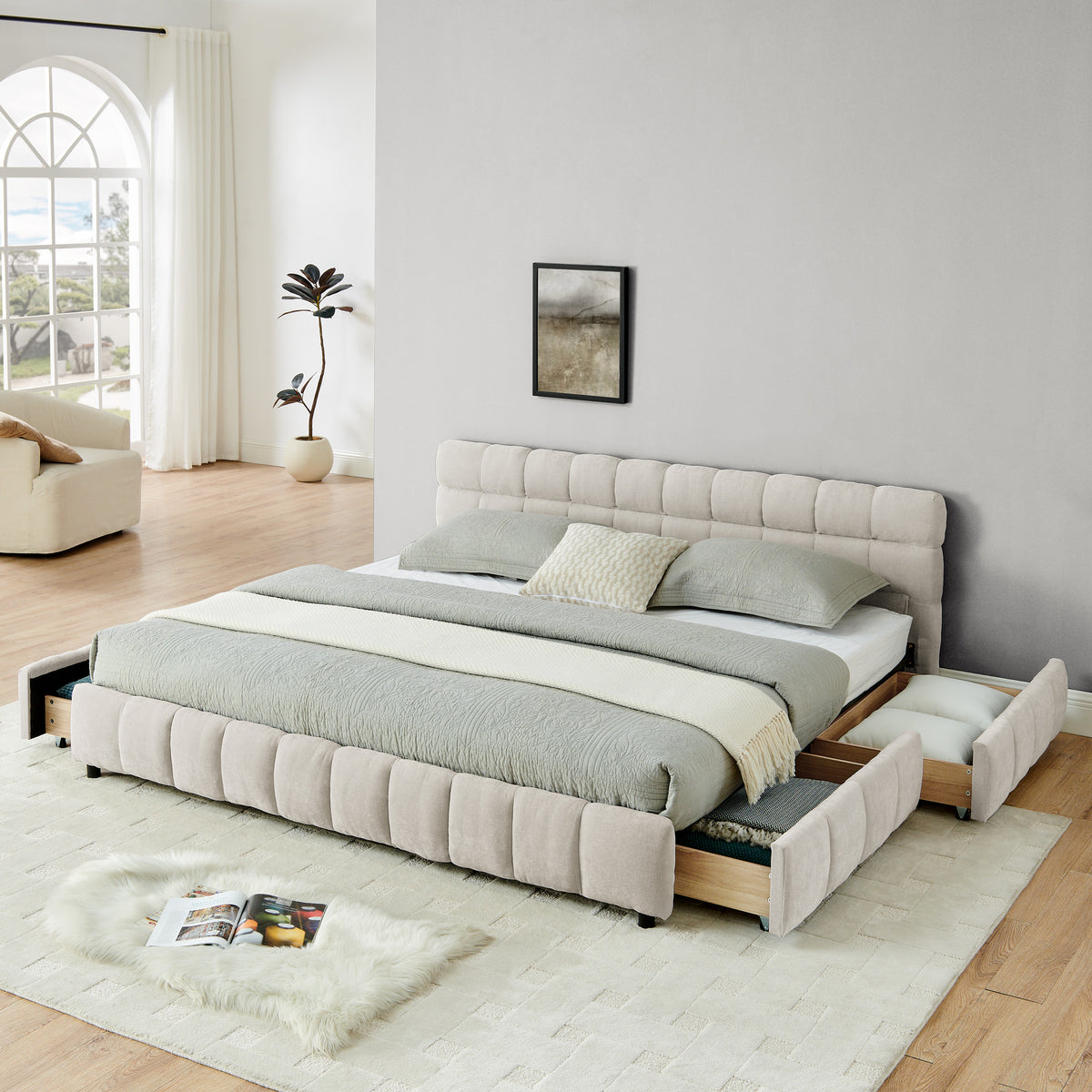 King Size Upholstered Bed ,comfortable Upholstered Bed Frame, Chenille Fabric, With Headboard And Solid Bed Frame. With Drawer For Storage.-Beige 88.5x85.5x31