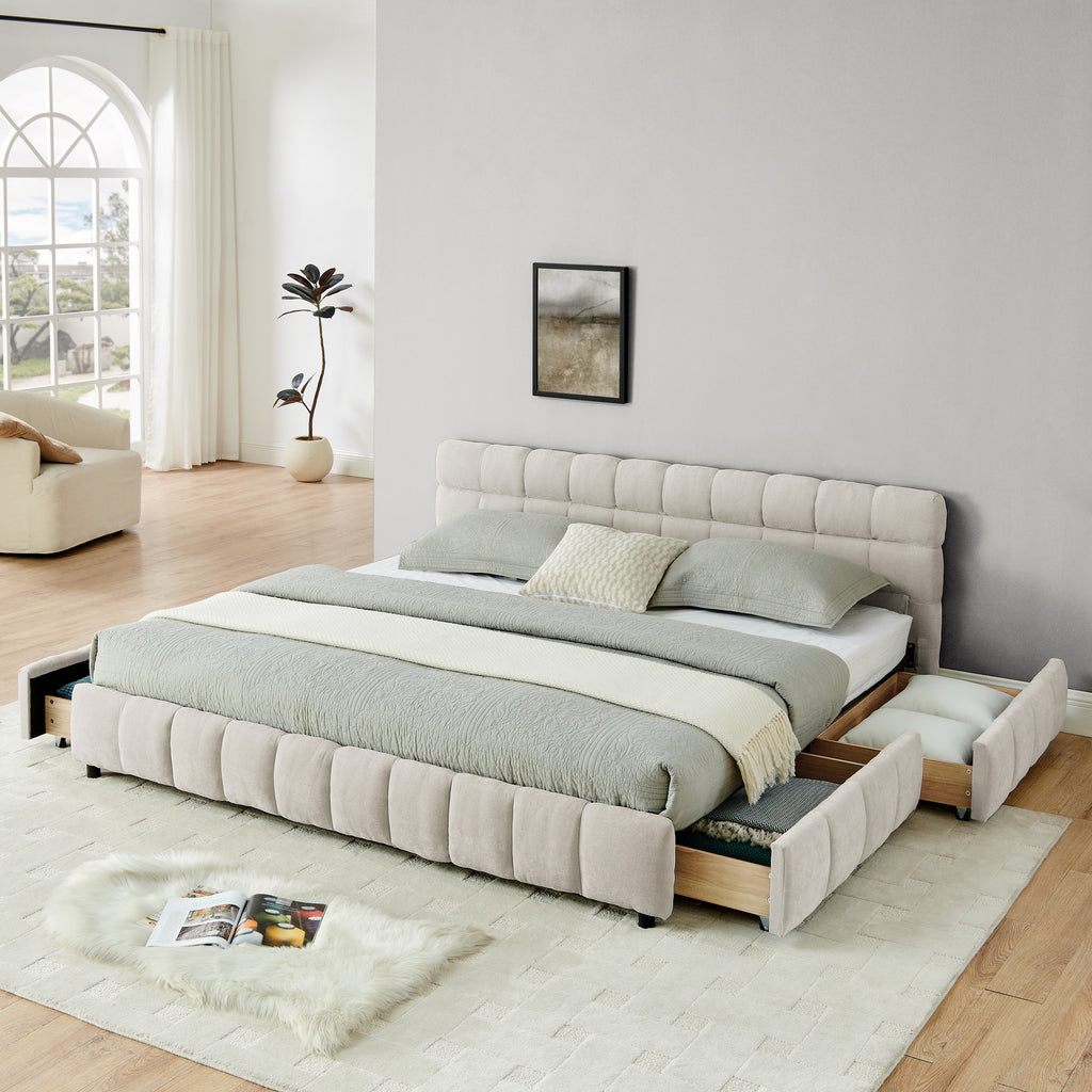 King Size Upholstered Bed ,comfortable Upholstered Bed Frame, Chenille Fabric, With Headboard And Solid Bed Frame. With Drawer For Storage.-Beige 88.5x85.5x31