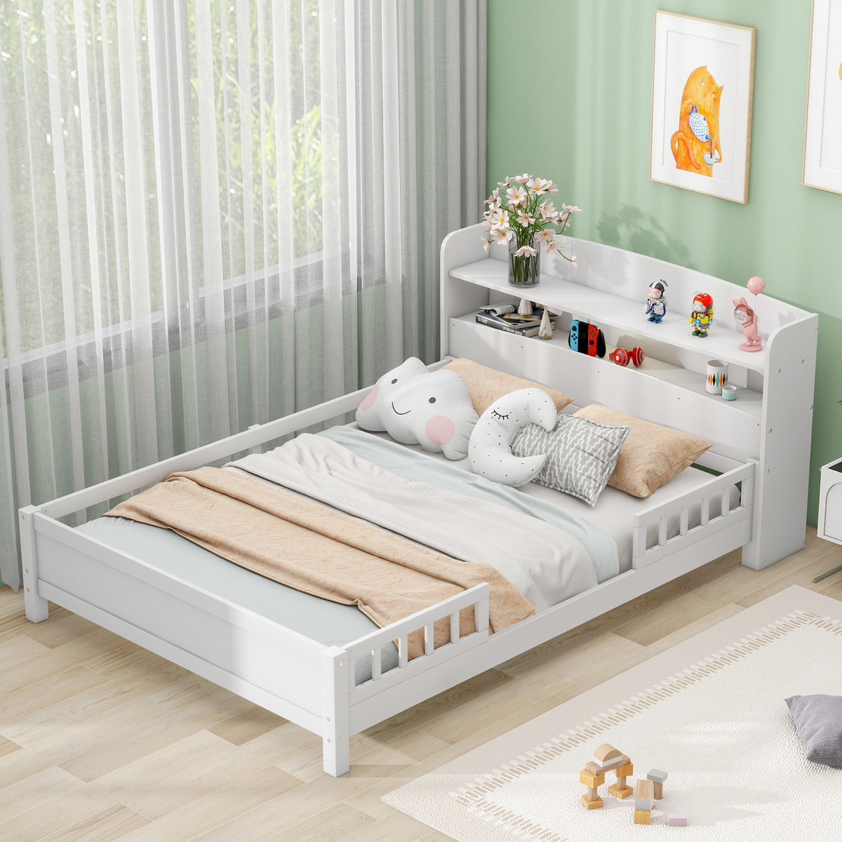 Wood Full Size Platform Bed With LED, Storage Headboard & Guardrail, White