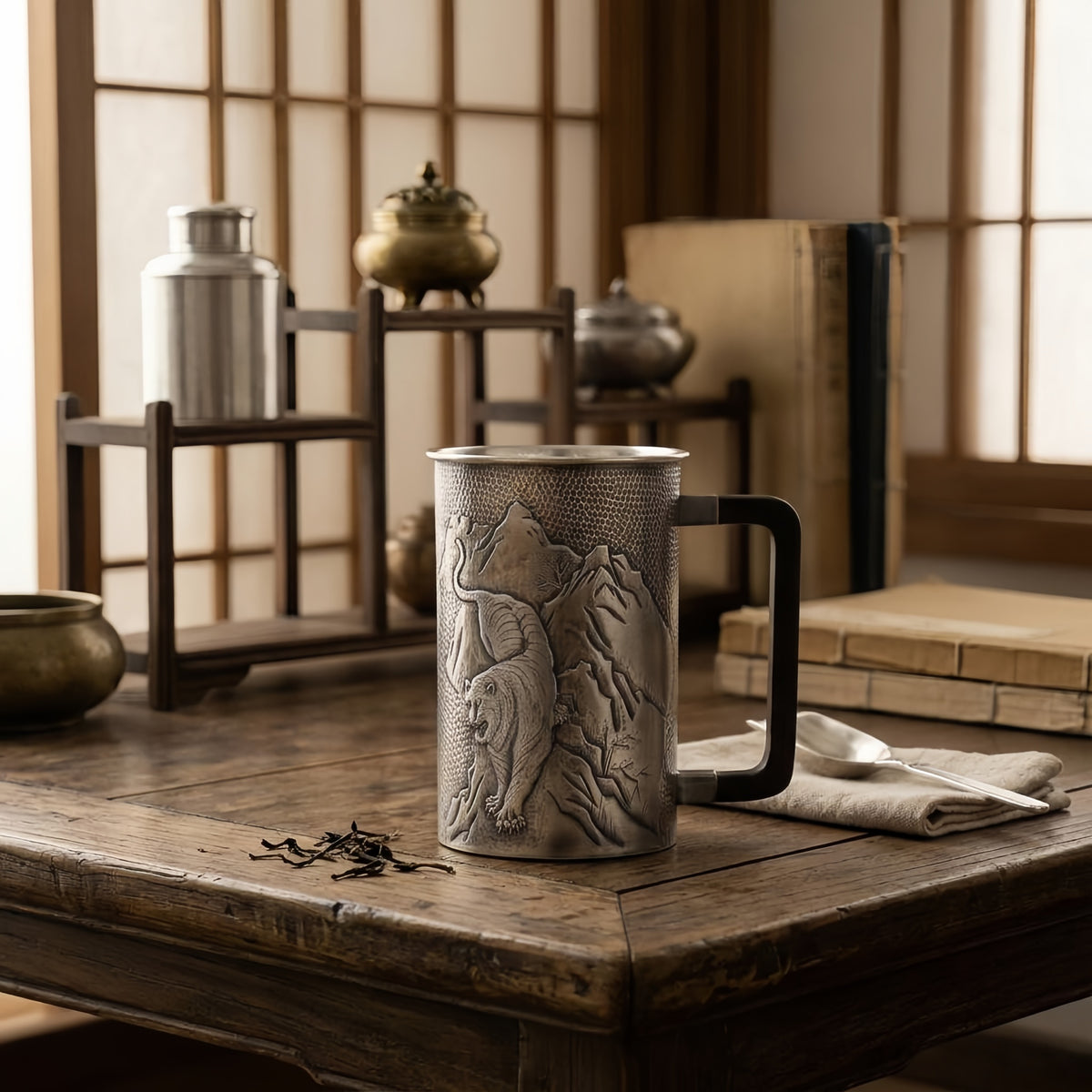 Pure 999 Fine Silver Handcrafted Silver-Toned Tankard Featuring Intricate Embossed Tiger and Mountain Landscape Relief - Handicraft