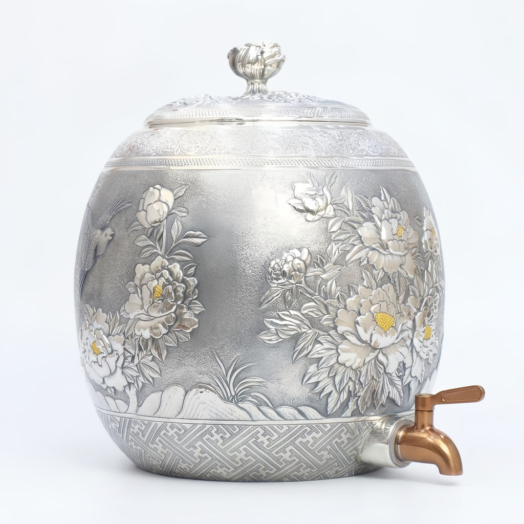 Pure 999 Fine Silver Handcrafted Silver Peony Flower Water Dispenser with Ornate Embossed Bird and Floral Motifs - Handicraft