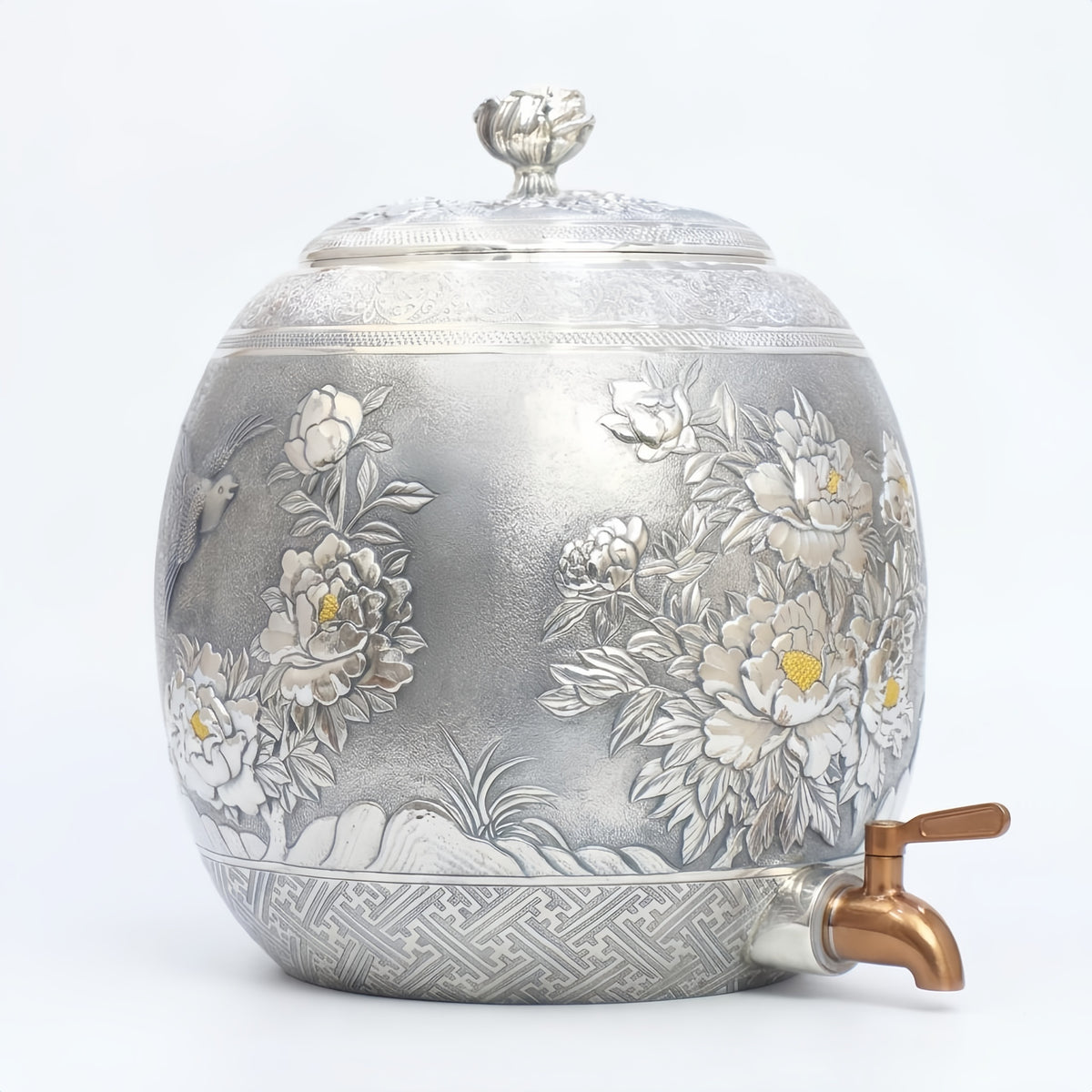 Pure 999 Fine Silver Handcrafted Silver Peony Flower Water Dispenser with Ornate Embossed Bird and Floral Motifs - Handicraft