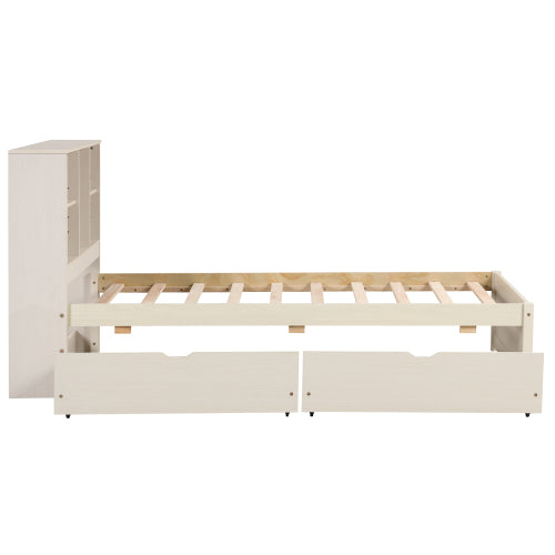Modern Twin Size Bed Frame With Built-in USB Port On Bookcase Headboard And 2 Drawers For White Washed Color