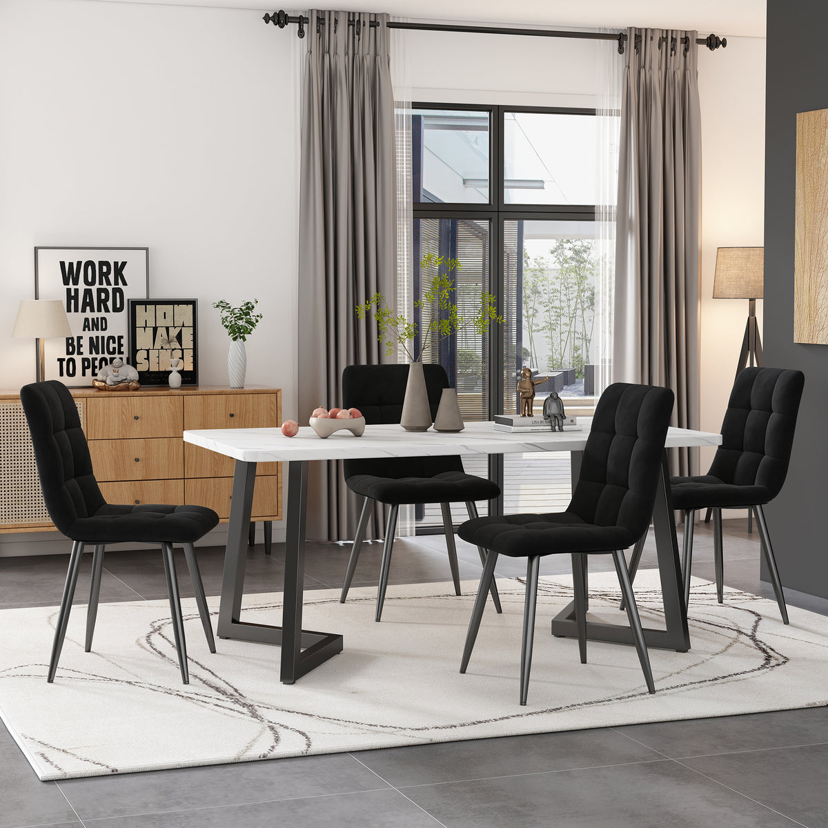 117x68cm Dining Table,1-St, Metal Frame Rectangular Dining Table Modern Marble Pattern Kitchen Table With Metal Legs For Dining Room Living Room, BlackWhite